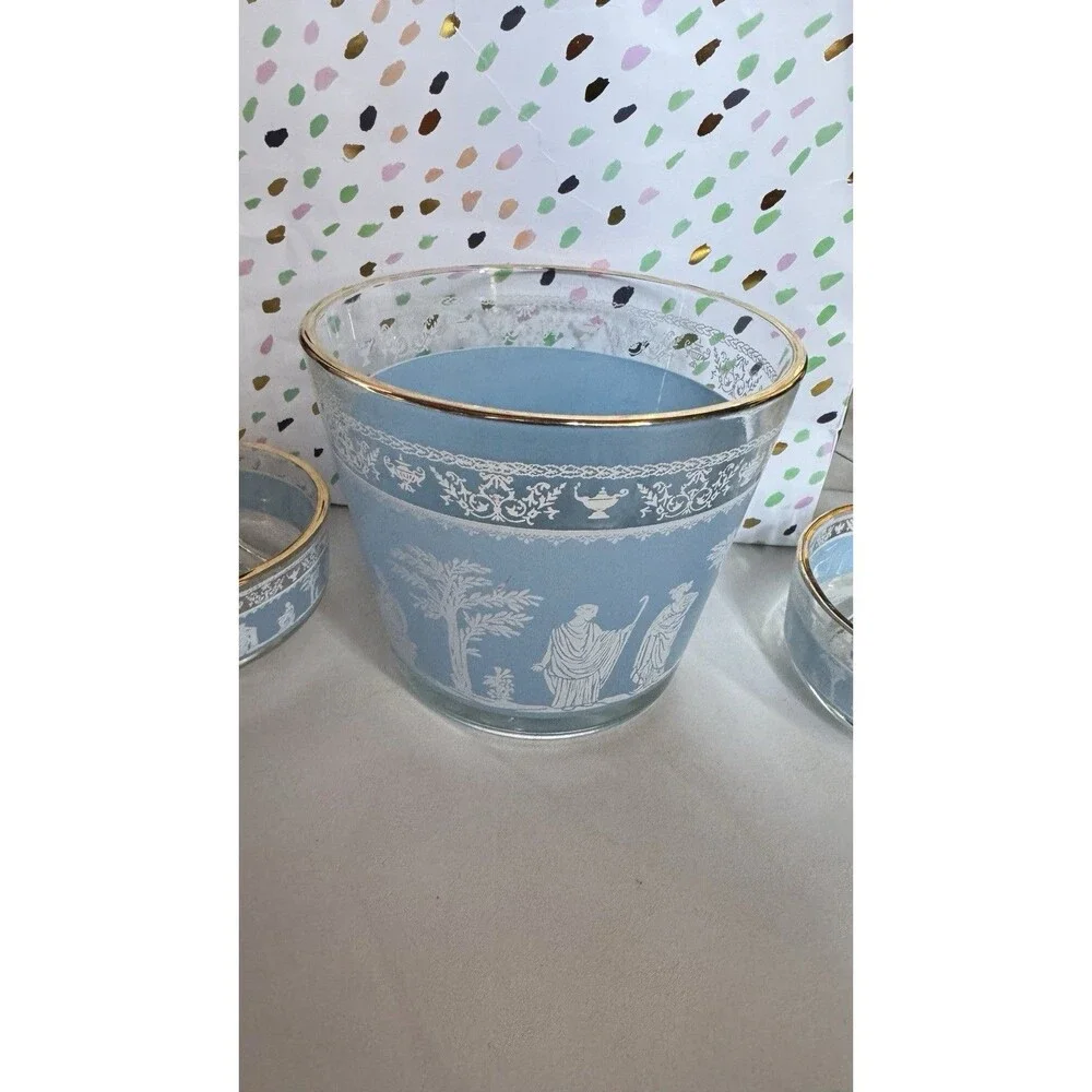 Jeanette Glass Hellenic Wedgwood Blue Grecian 2 Bowls/Trays Open Bowl (Ice)
